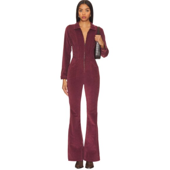 Free People x We The Free Jayde Cord Flare Jumpsuit in Cordovan Size Extra Small - Picture 1 of 6